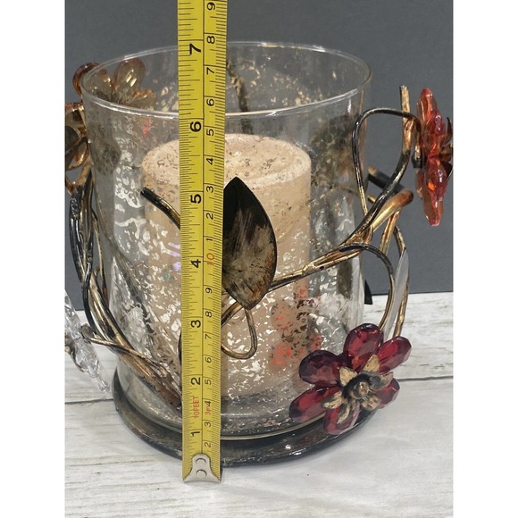 Vintage Gilded Metal Crystal Flowers Floral Design 3 Pc Pillar Candle Holder - Picture 6 of 11